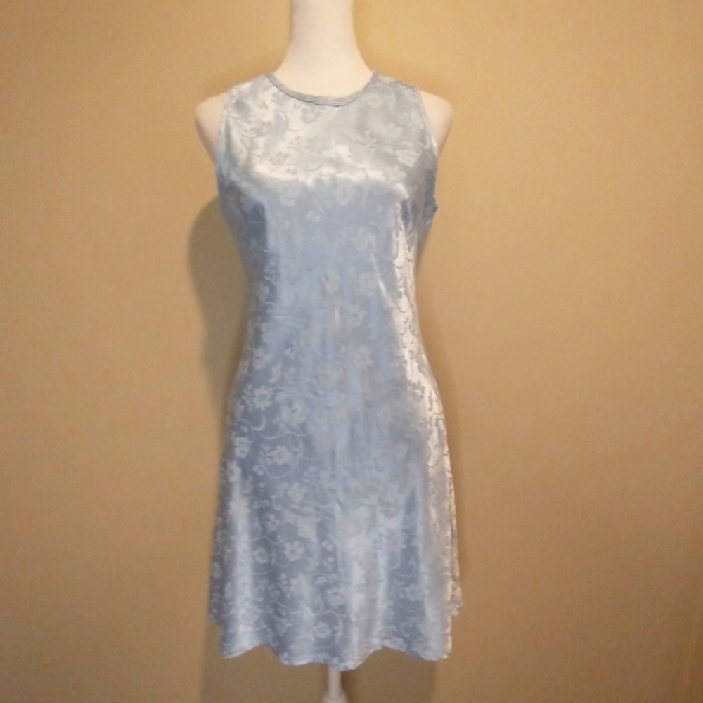 Vintage Steppin' Out Sky Blue Floral Satin Midi Dress